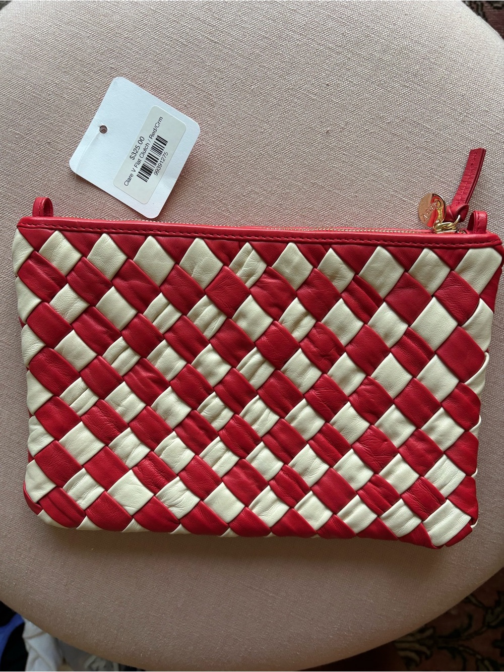 Clare V Red and Cream Woven Leather Zip Clutch
